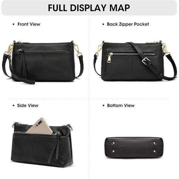 Women Black Pebbled Cowhide Leather Crossbody Bag Wristlet 9.5x5.5 - Picture 6 of 6